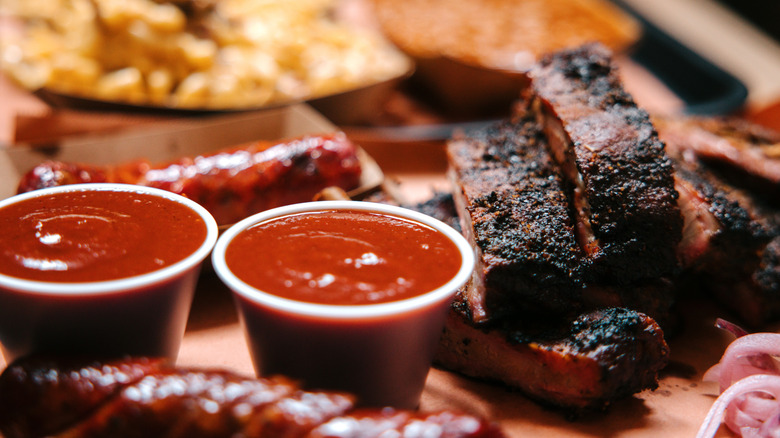 Close-up of a heaping plate of BBQ with sauce