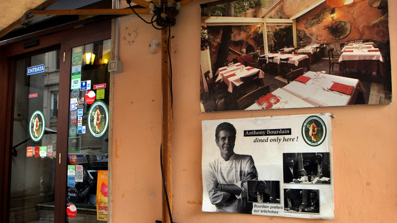 Restaurant in Rome with poster of Anthony Bourdain