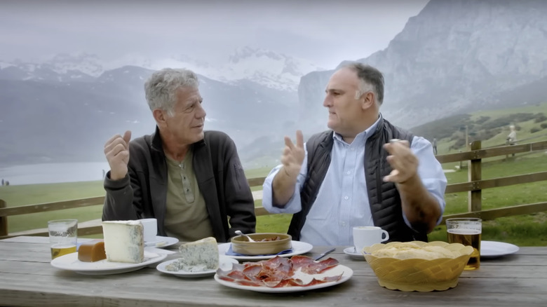 Anthony Bourdain eating with chef Jose Andres in Asturias, Spain
