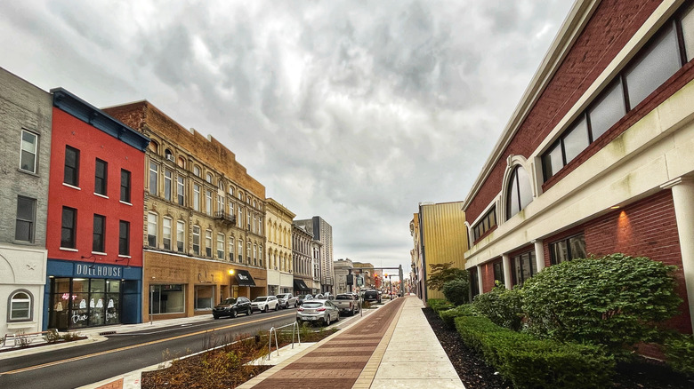 Old storefronts line a commercial street in downtown Richmond, Indiana
