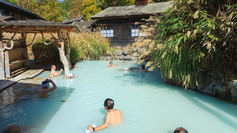 Men in a hot spring in Japan/