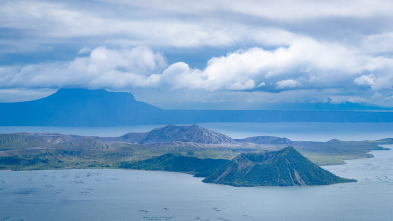 An aerial view of Taal Volcano and the surrounding volcanic system and Taal Lake