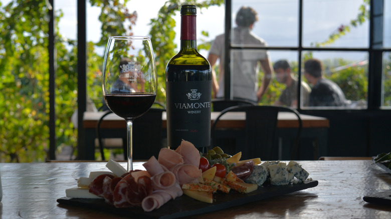 A display of one of Viamonte's bottles, a glass of wine, and a charcuterie board at Viamonte Winery, a family-owned vineyard, in Mendoza, Argentina