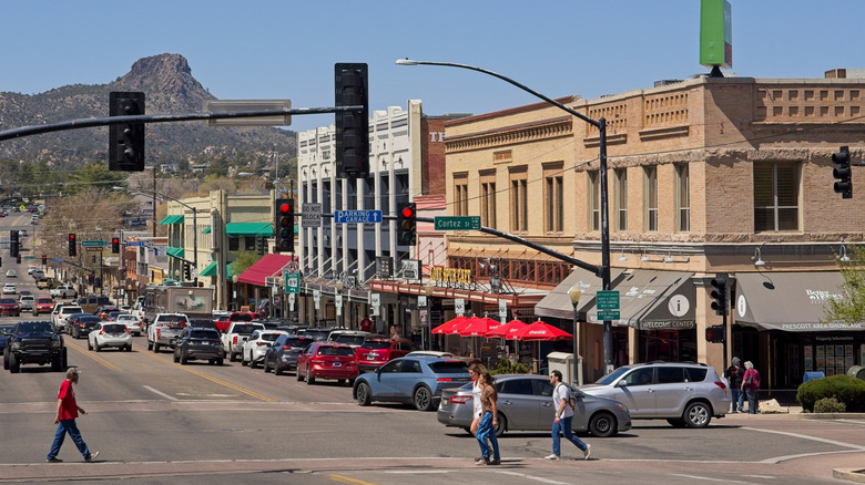 Downtown Prescott, Arizona, historic main street with a butte in the background