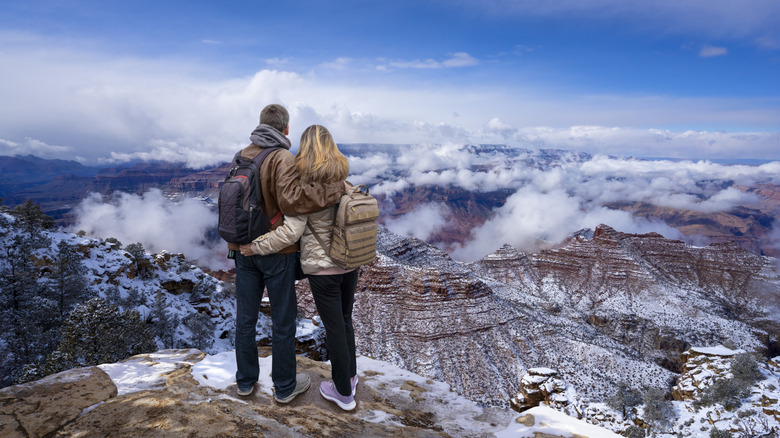 A man and woman overlooking a snowy grand canyon