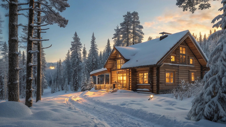 A cabin covered in snow