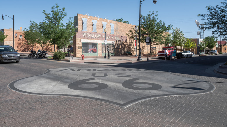 Famous Route 66 road sign mural in Winslow Arizona