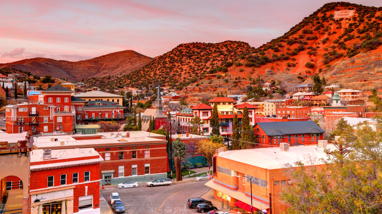 Bisbee neighborhood with unique architecture and the backdrop of the Mule Mountains