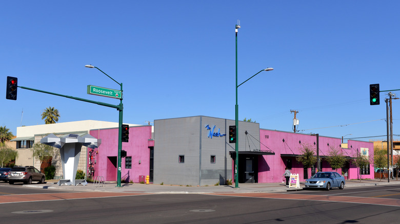 A pink and gray building housing the Nash, a jazz club in Roosevelt Row, Phoenix, Arizona
