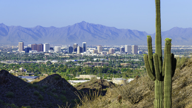 Phoenix, Arizona skyline framed by mountainous desert