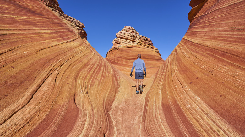 Hiker along The Wave in the Vermilion Cliffs National Monument