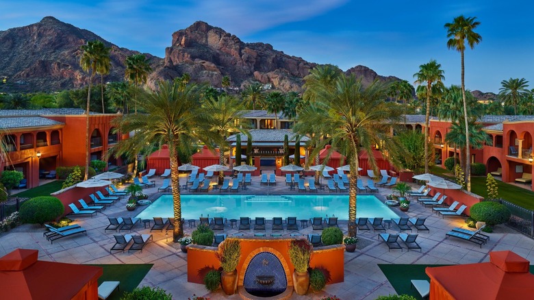 Pool at Omni Scottsdale Resort & Spa at Montelucia with Camelback Mountain in the background