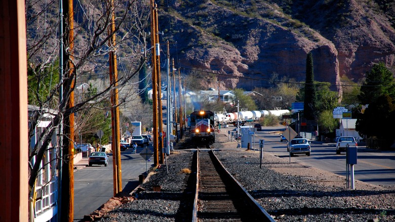 Train and mountains in Clifton, Arizona