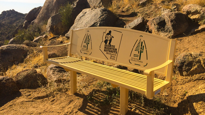 Park bench along the trail honoring the fallen hotshot heroes of the Granite Mountain Hotshot firefighters at Arizona's Granite Mountain Hotshots Memorial State Park