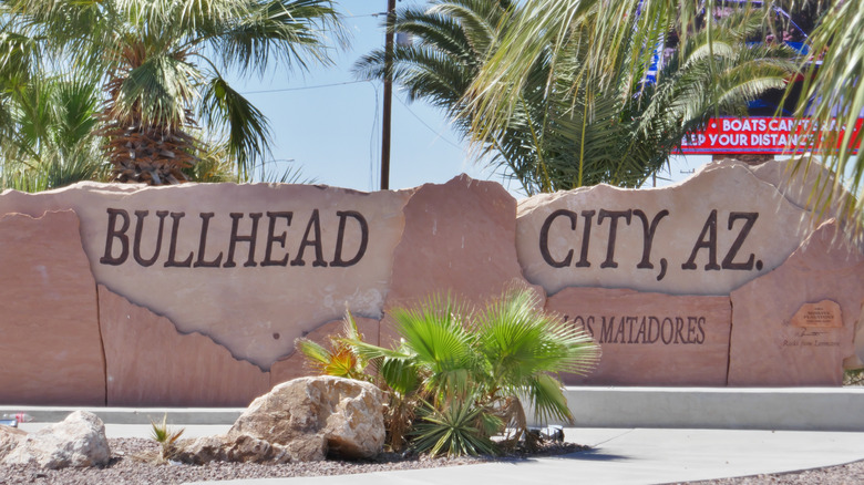 Official city sign etched in rock of Bullhead City, Arizona