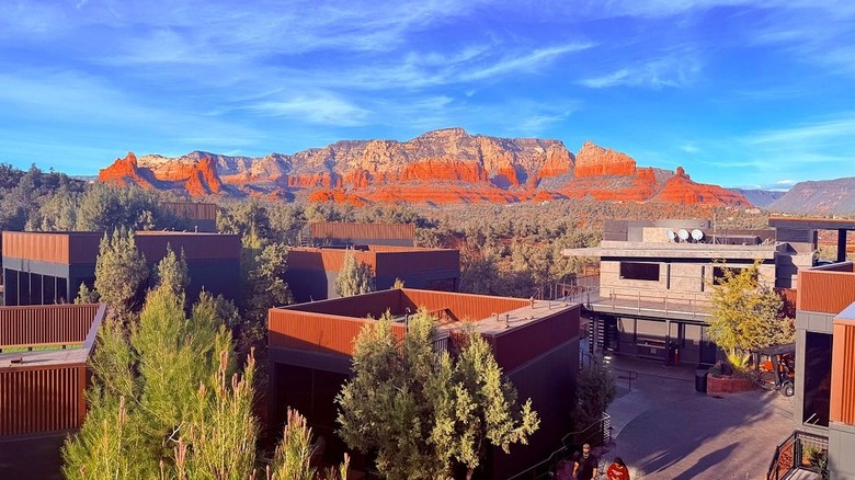 Aerial view of the atriums at Ambiente Sedona with red rock formations in the background