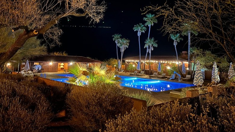 Pool area lit up at night at Canyon Ranch Tucson in Arizona