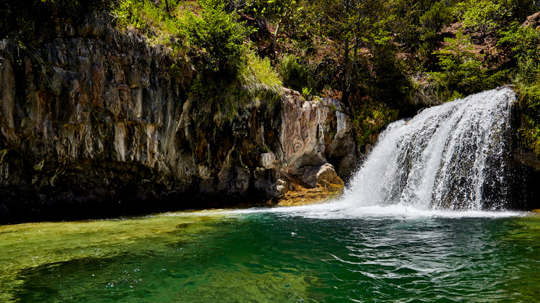 A waterfall and green water