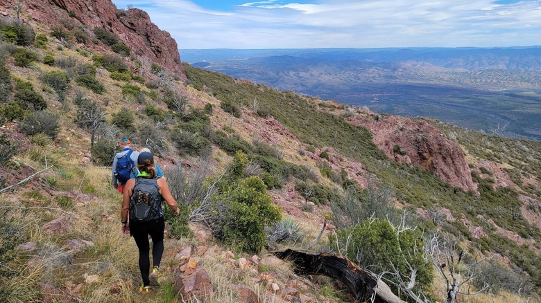 Hikers on a ridge on Rock Creek Trail in the Mazatzal Wilderness near Payson, Arizona