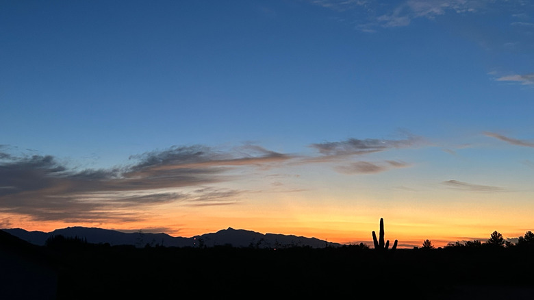 A bright orange and yellow sunrise meets the blue sky over the Sahuarita Desert