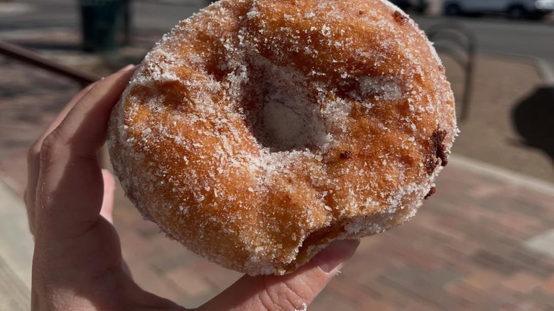 Hand holding a fresh donut from La Estrella Bakery