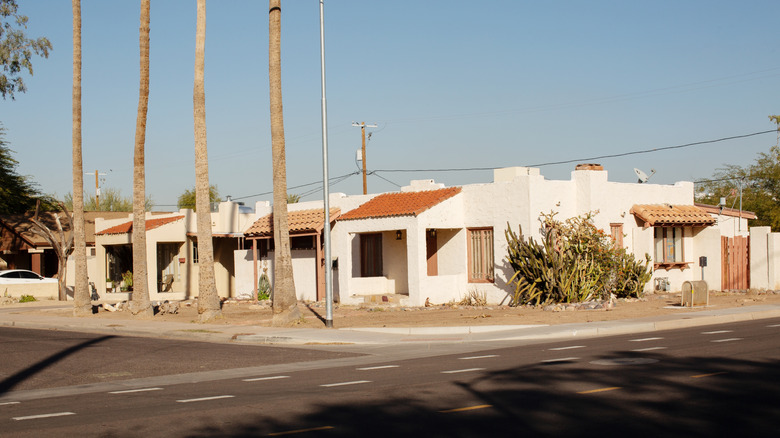 White houses with terracotta roofs on a corner in the Coronado District in Phoenix, Arizona