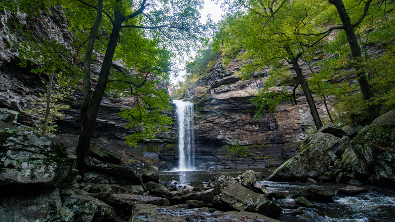 A scenic waterfall flowing over a cliff in Arkansas