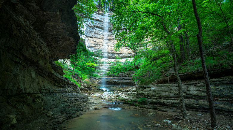 A waterfall in a rock hollow in Arkansas