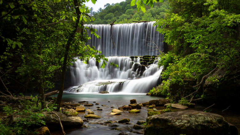 A multi-level waterfall surrounded by trees in Arkansas