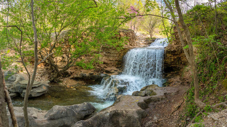 A wide waterfall flowing through a forest in Arkansas
