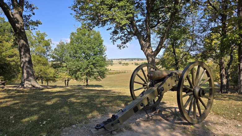 An artillery cannon on a hill overlooking the countryside in Prairie Grove Battlefield State Park, Arkansas