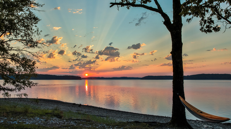 Hammock on rock beach overlooking Lake Ouachita