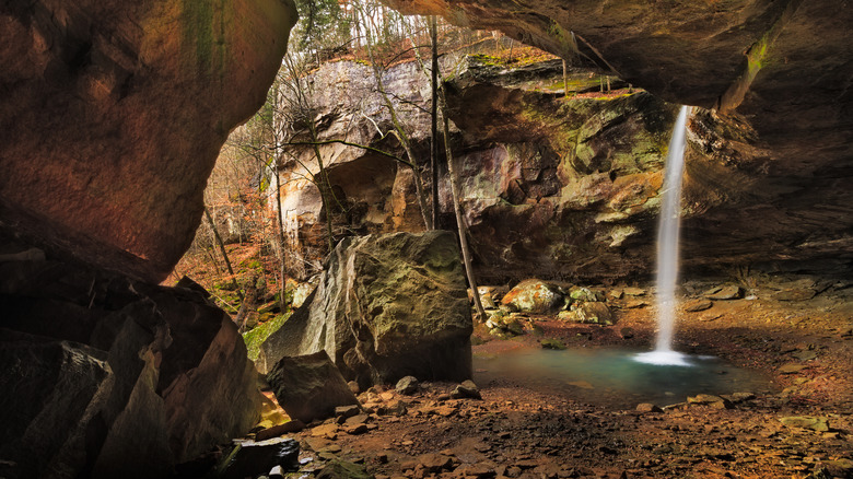 Spring foliage around the waterfall, pool and mossy rocks in Pam's Grotto, Askansas