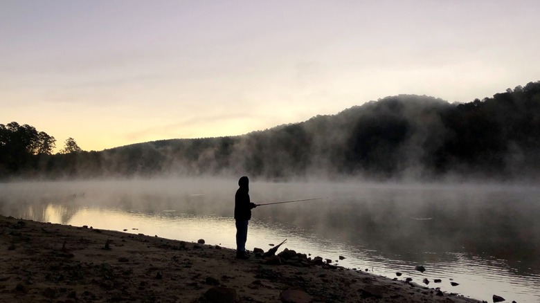 A solitary anglers fishing from the beach on a misty dawn at Daisy State Park, Arkansas