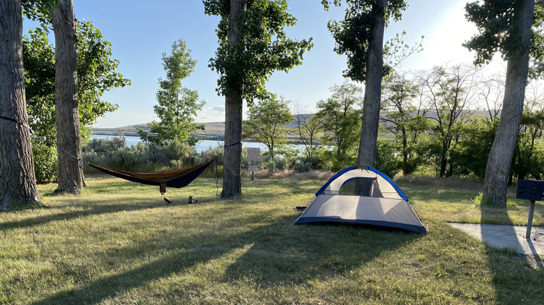 A tent set up at the Crow Butte Campground on Lake Umatilla, Washington state