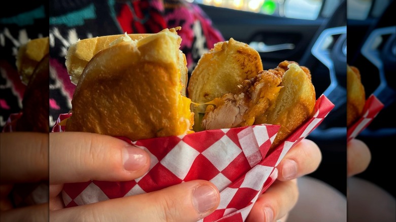 Hands holding a delicious sandwich.