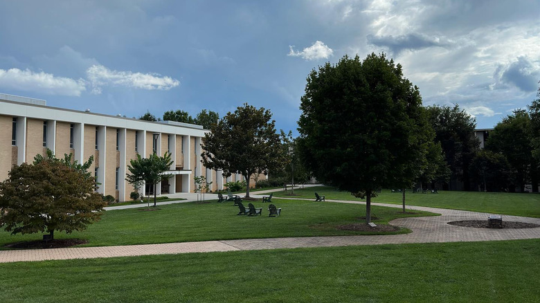 Lawn and a walkway near a building on the University of North Carolina Asheville campus near Montford Historic District
