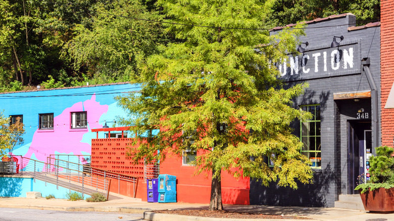 Colorful brick buildings in Asheville, North Carolina's River Arts District