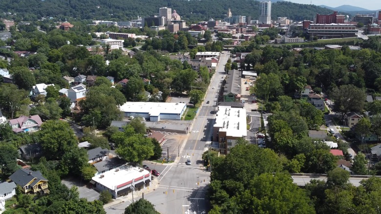 Aerial view of Five Points in Asheville, North Carolina