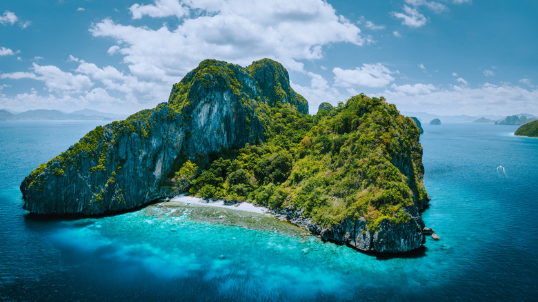 Aerial drone view of tropical Entalula Island