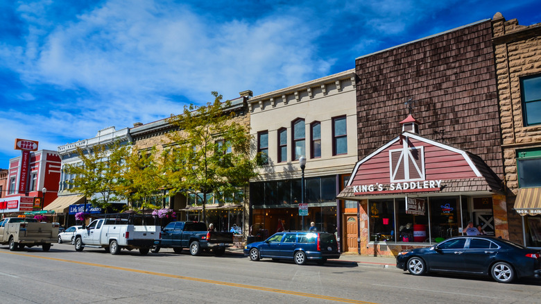 Street view of downtown Sheridan, Wyoming, with historic storefronts
