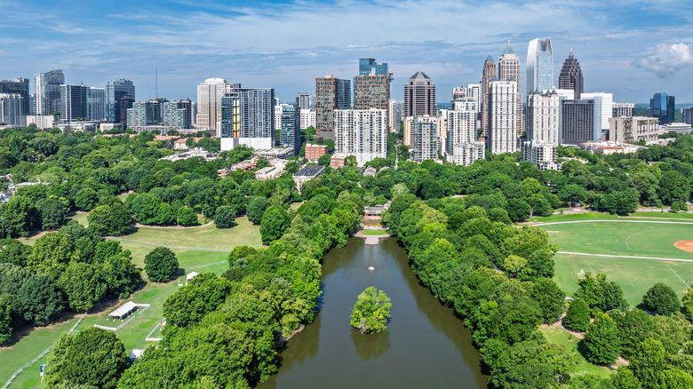 The Atlanta skyline with Piedmont Park in the foreground