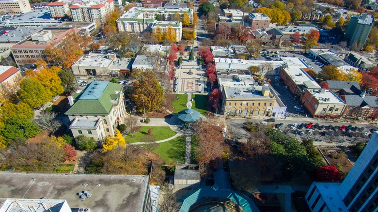 An aerial view of Decatur Square in the fall