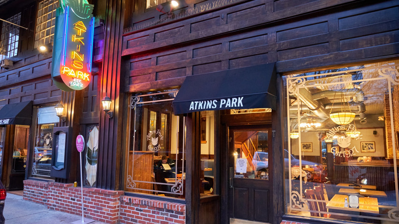 The exterior door and window walls of Atkins Park Restaurant & Bar in Atlanta, Georgia