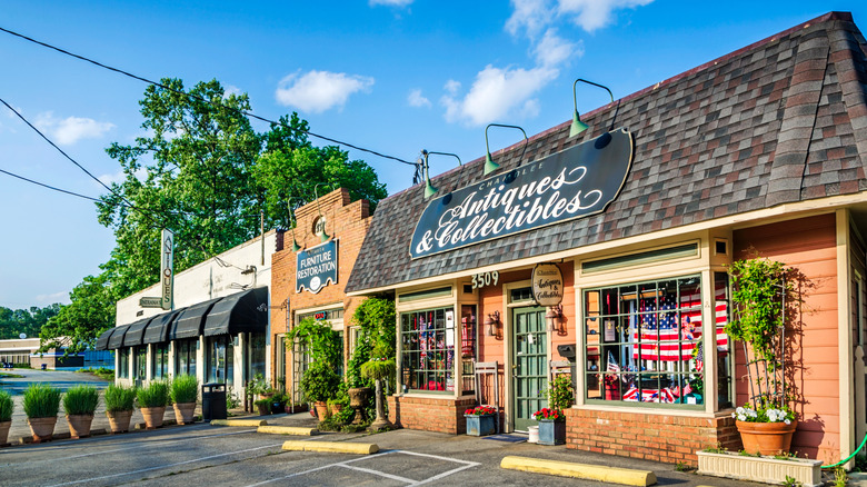A row of shops on a bright, clear day surrounded by plants and trees in Chamblee, Georgia