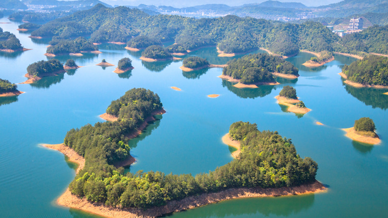 Aerial view of Qiandao Lake in China, where you can find the underwater city of Shicheng