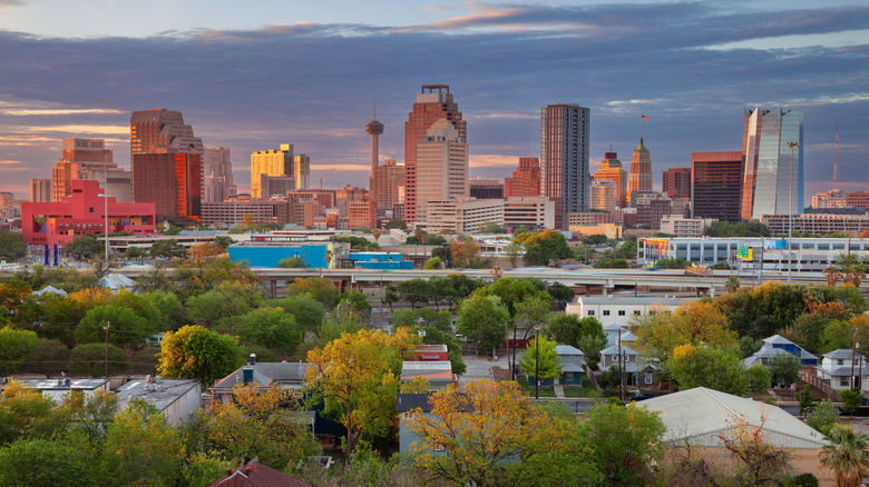 The San Antonio skyline at sunset.