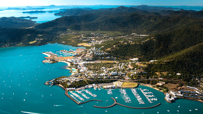 An aerial shot of Airlie Beach in Queensland, Australia