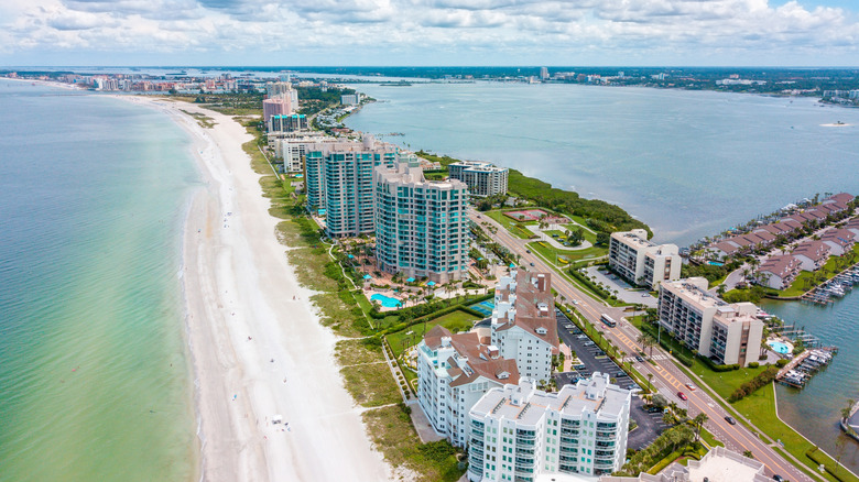 Aerial shot of crowd-free Sand Key Beach in Clearwater Beach, Florida