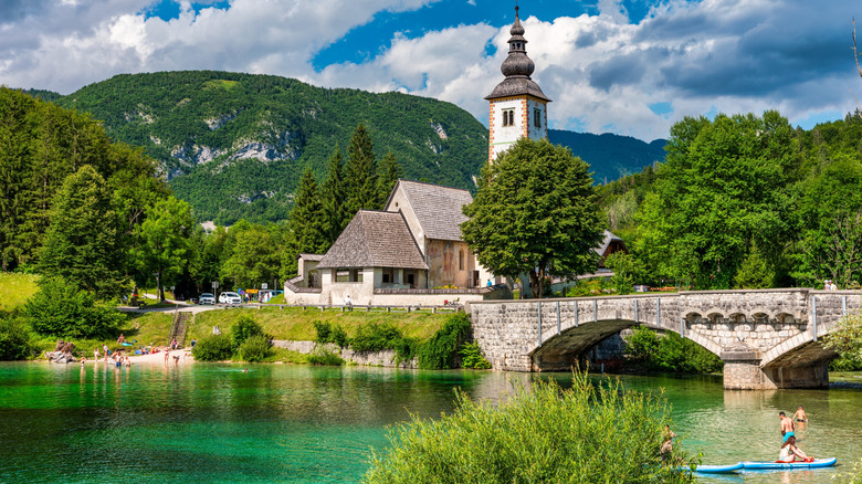 A view of the still waters in Lake Bohinj, Slovenia